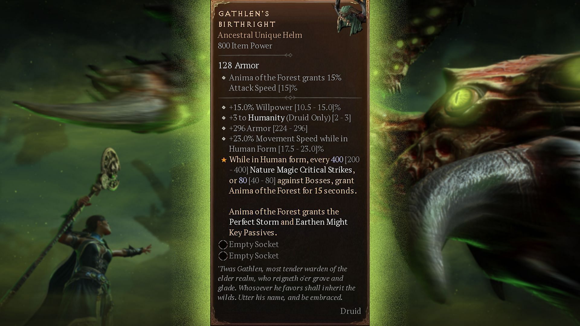 Gathlen’s Birthright is a Druid-only Unique Helm (Image via Blizzard Entertainment)